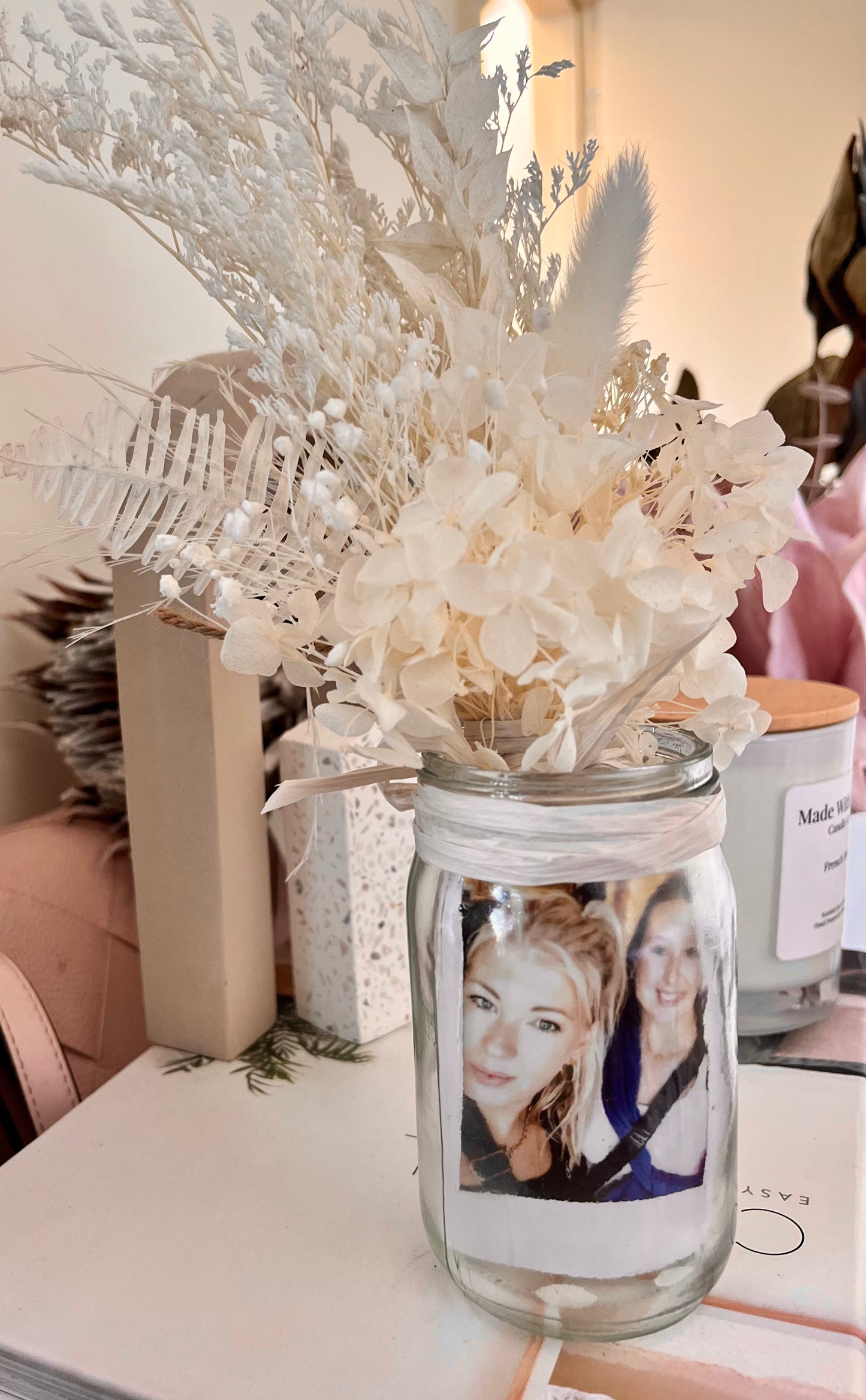 Personalised Vintage Glass Jar with Everlasting Floral Posy