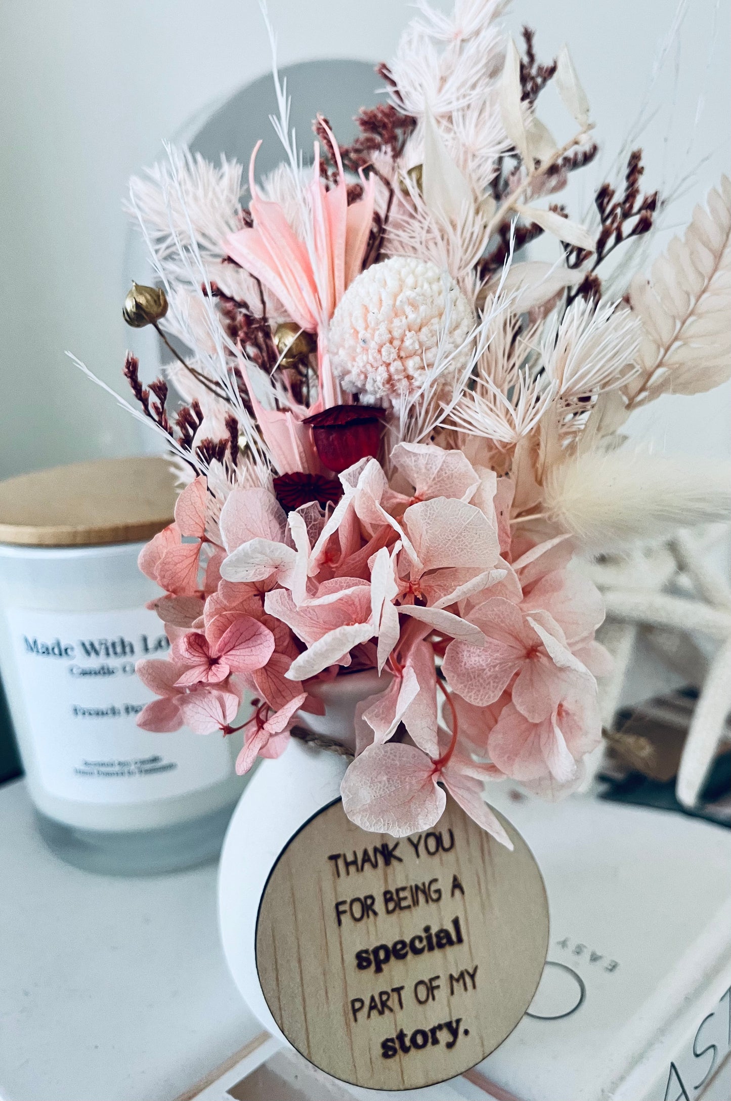 ‘Thank you for being a special part of my story’                                 Dried and Preserved Posy in Ceramic Vase